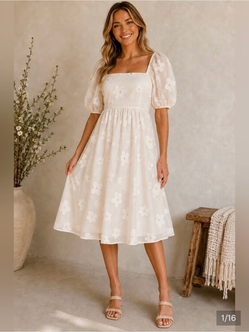 Polagram Women’s Cream Floral Puff-Sleeve Midi Dress, Size 3XL